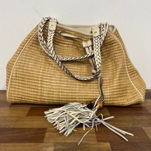 Gucci Bamboo Peggy Bag Woven Raffia Tassel Drawstring Neutral Shoulder Purse